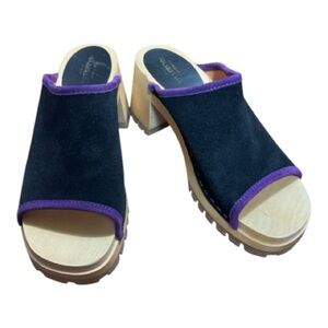Swedish Hasbeens Sz 8 US (38 EU) Piping Clog Black Suede Purple Piping EUC